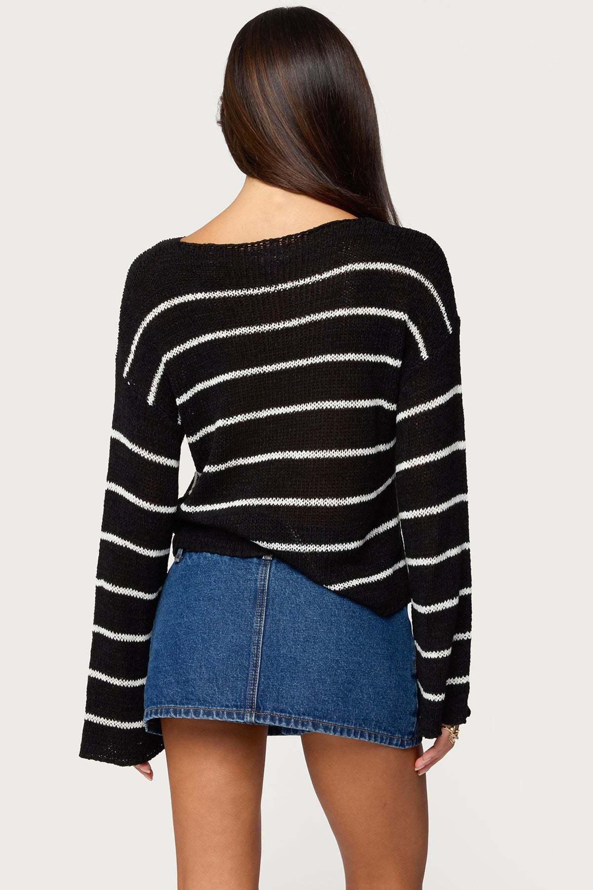 Drop Shoulder Light Knit Sweater - BLACK AND WHITE