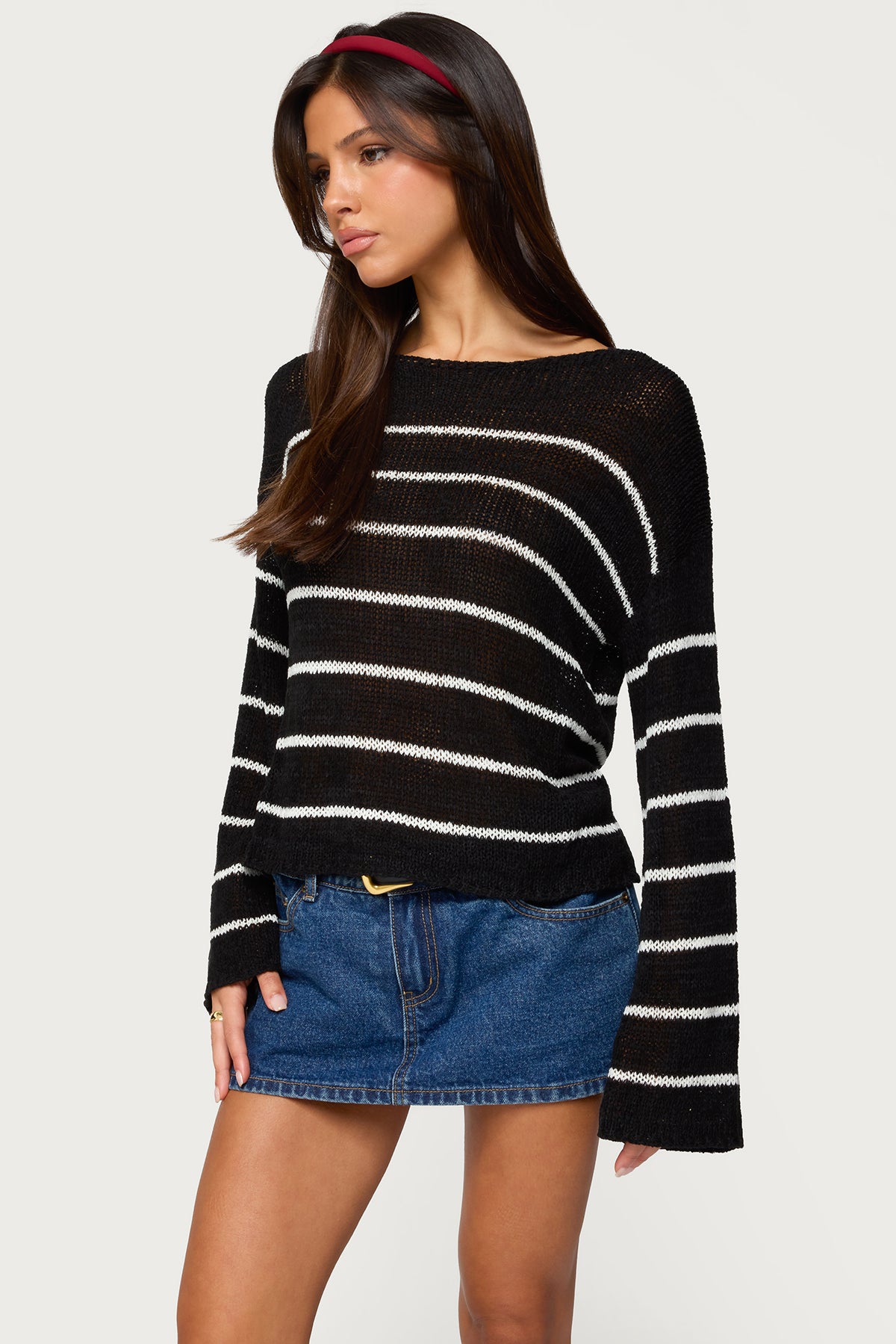 Drop Shoulder Light Knit Sweater - BLACK AND WHITE