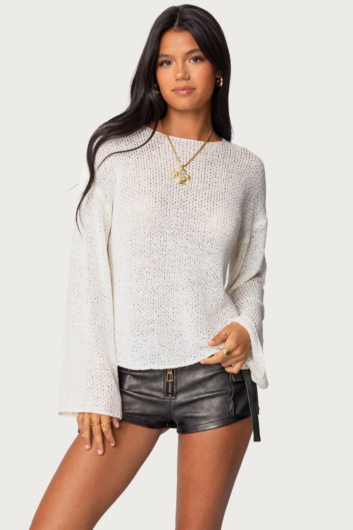 Drop Shoulder Light Knit Sweater - WHITE