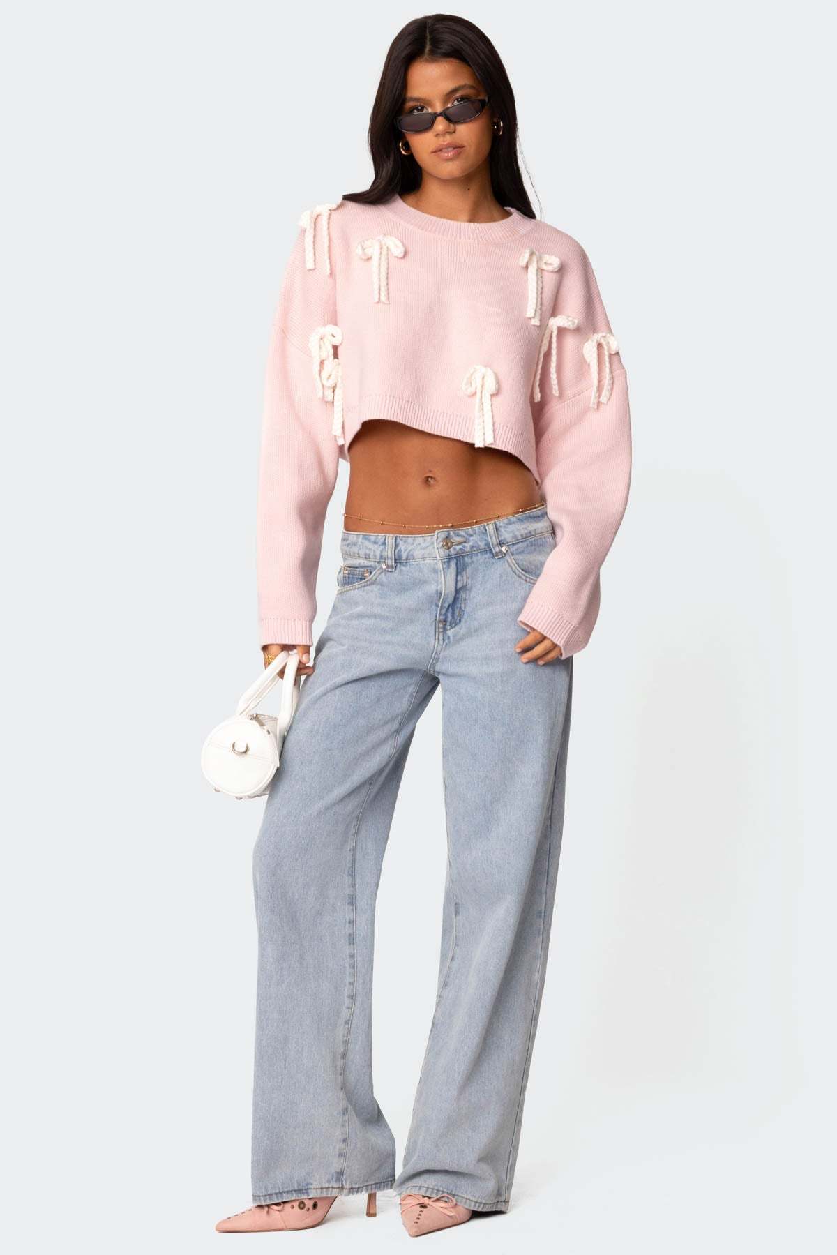 Chunky Bow Cropped Sweater - PINK