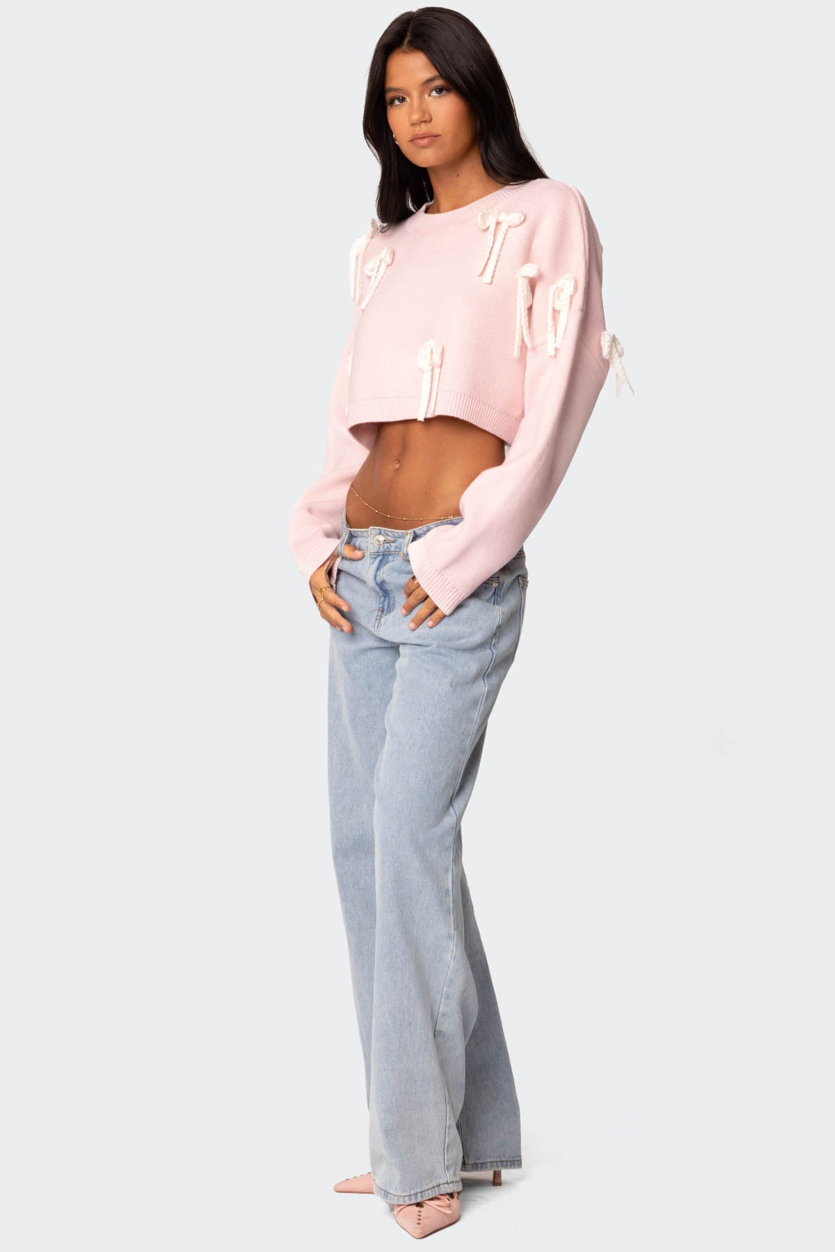 Chunky Bow Cropped Sweater - PINK