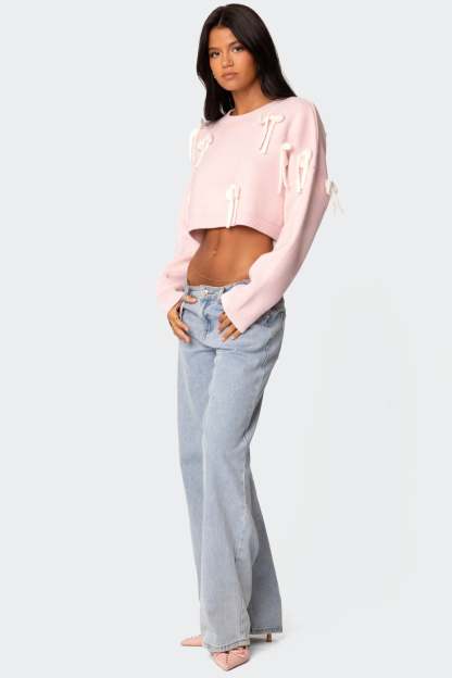 Chunky Bow Cropped Sweater - PINK