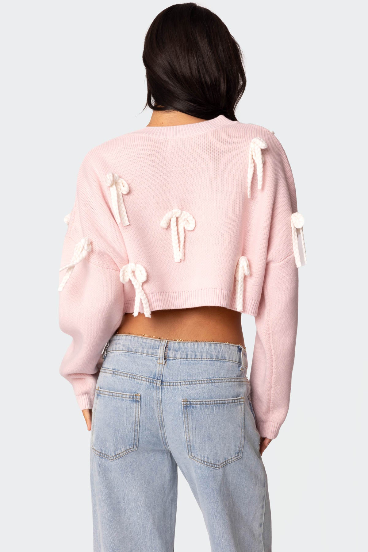 Chunky Bow Cropped Sweater - PINK