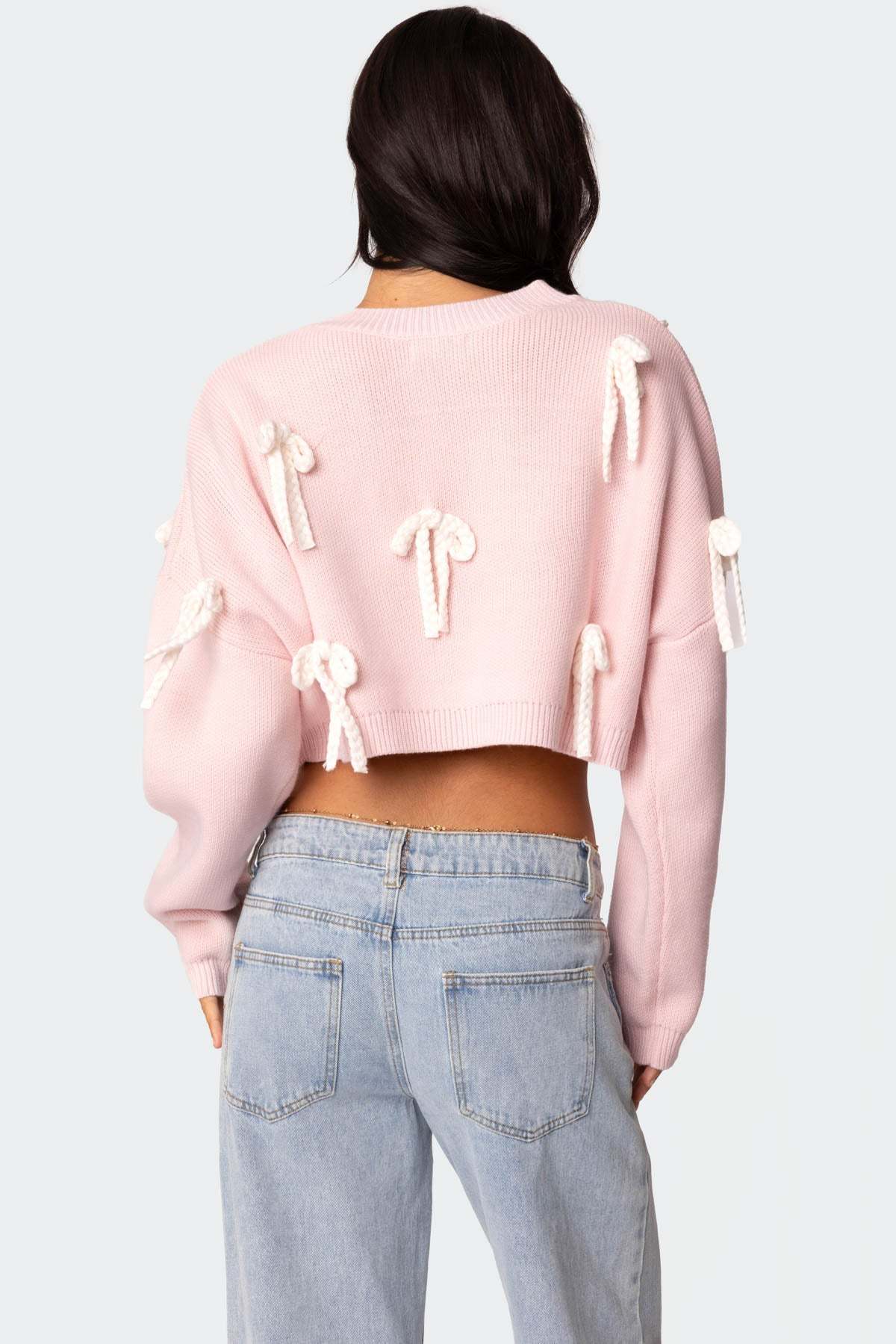 Chunky Bow Cropped Sweater - PINK