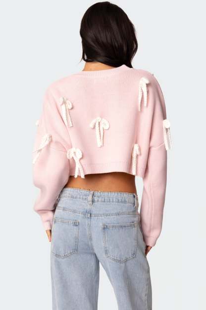 Chunky Bow Cropped Sweater - PINK