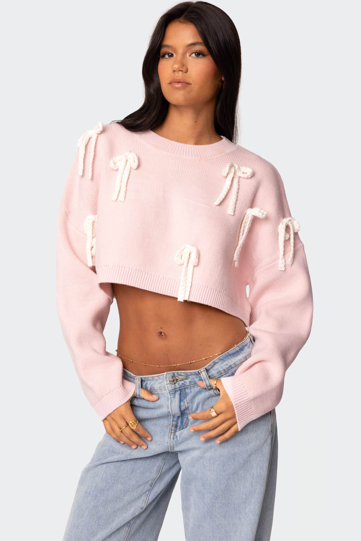 Chunky Bow Cropped Sweater - PINK