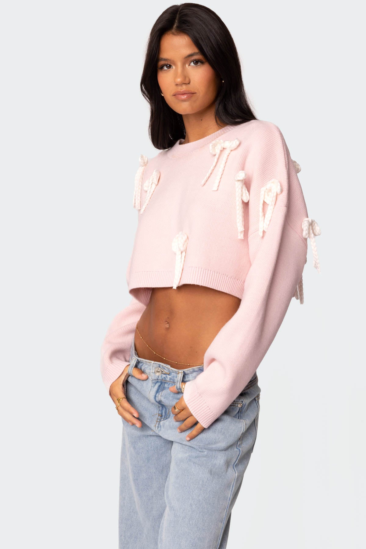 Chunky Bow Cropped Sweater - PINK