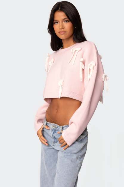 Chunky Bow Cropped Sweater - PINK