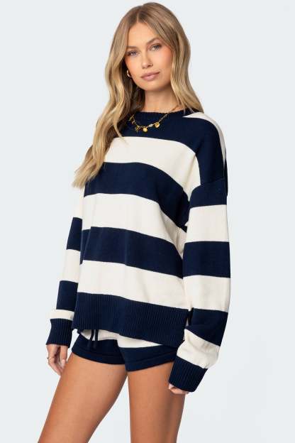 Riley Oversized Striped Sweater - NAVY AND CREAM