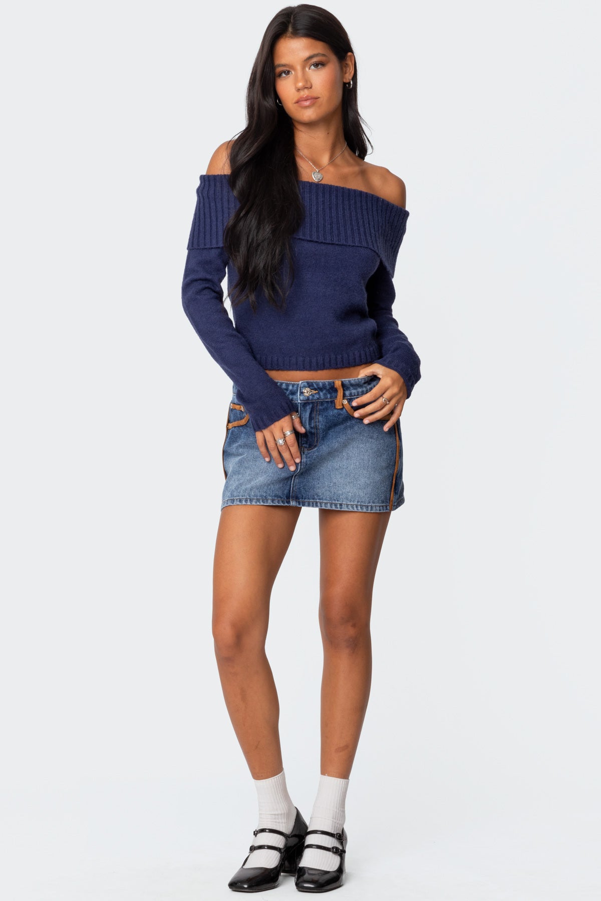 Tamara Fold Over Knit Top - NAVY