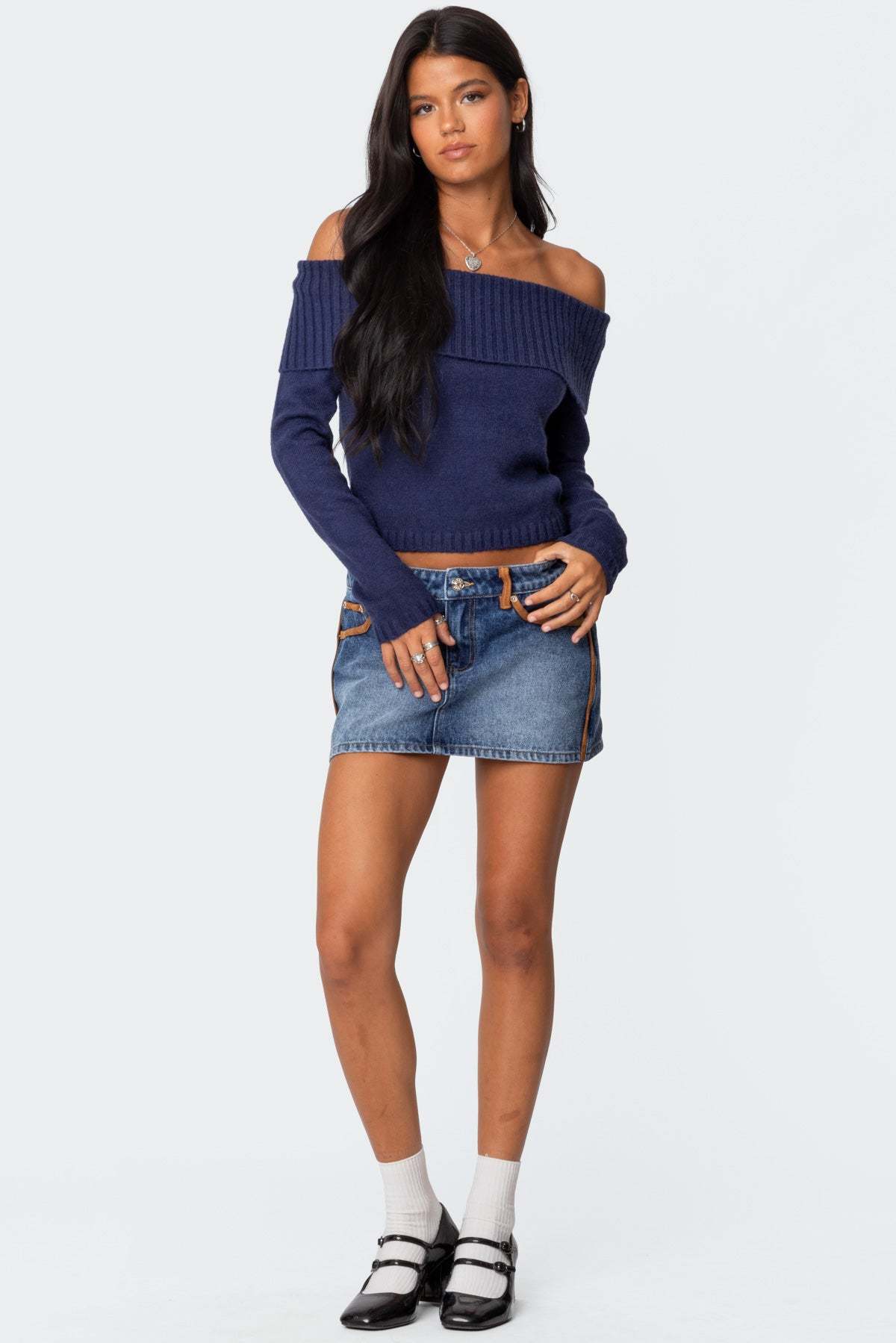Tamara Fold Over Knit Top - NAVY