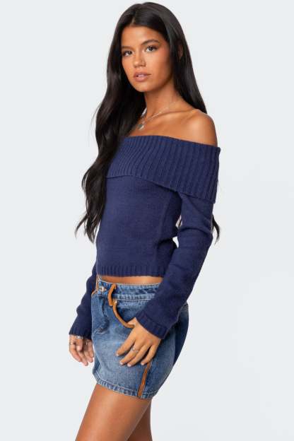 Tamara Fold Over Knit Top - NAVY