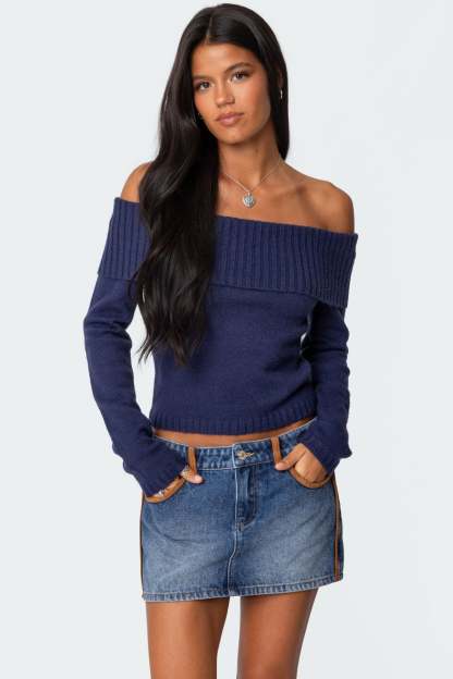 Tamara Fold Over Knit Top - NAVY