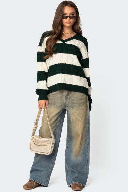 Oversized Striped Cable Knit Sweater - GREEN