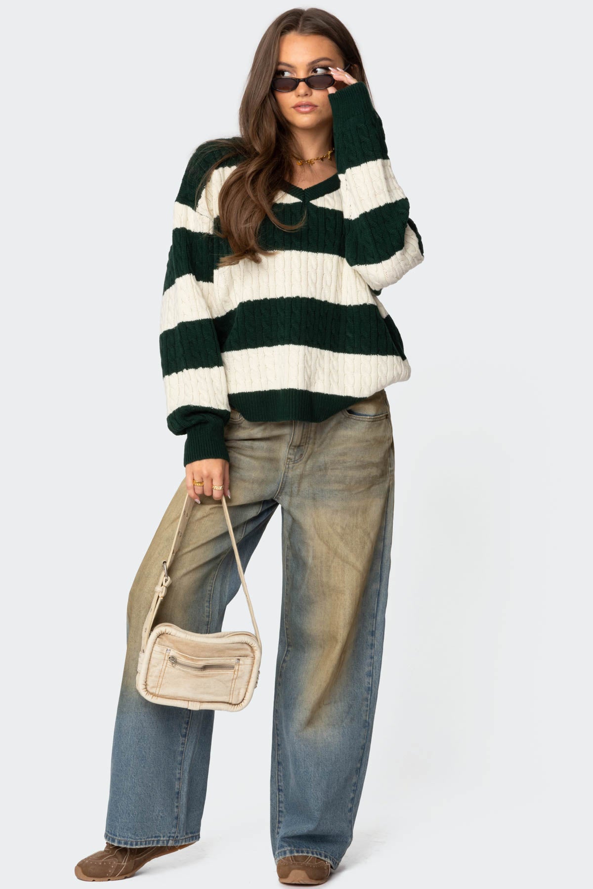 Oversized Striped Cable Knit Sweater - GREEN