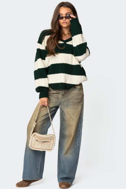Oversized Striped Cable Knit Sweater - GREEN