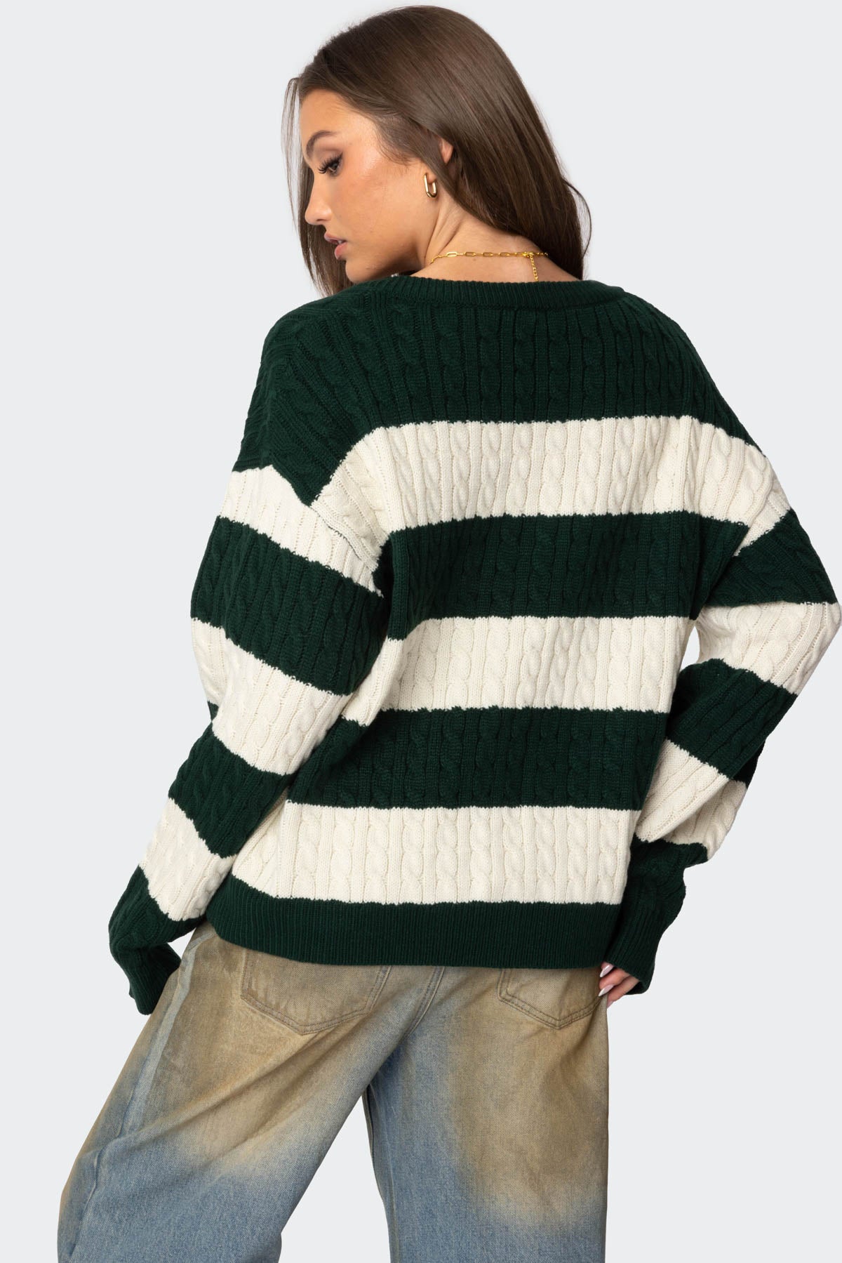 Oversized Striped Cable Knit Sweater - GREEN
