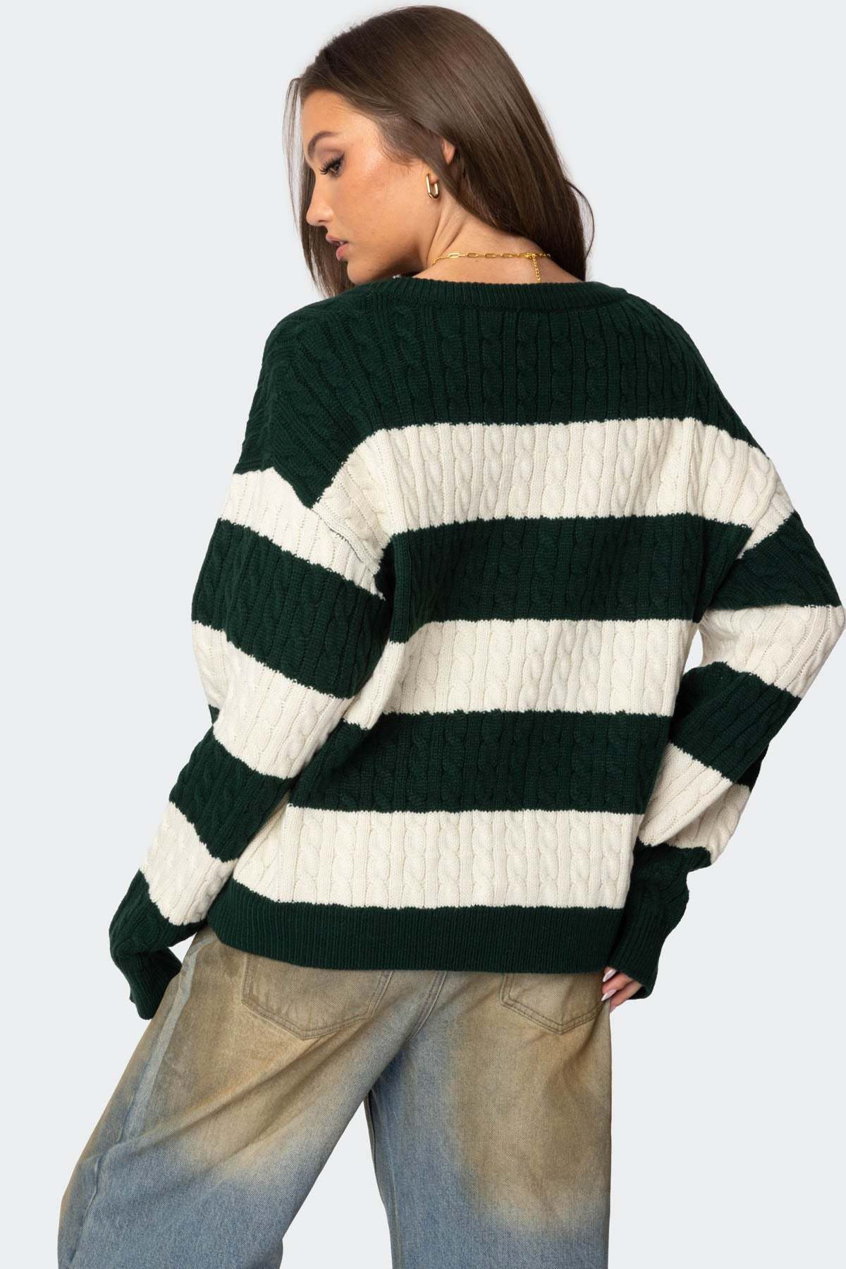 Oversized Striped Cable Knit Sweater - GREEN