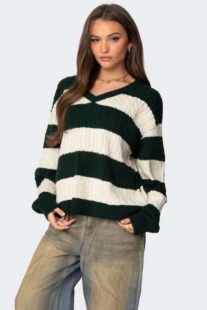 Oversized Striped Cable Knit Sweater - GREEN
