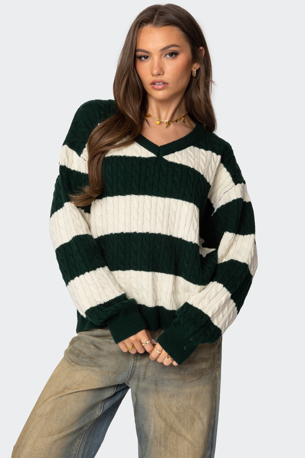 Oversized Striped Cable Knit Sweater - GREEN