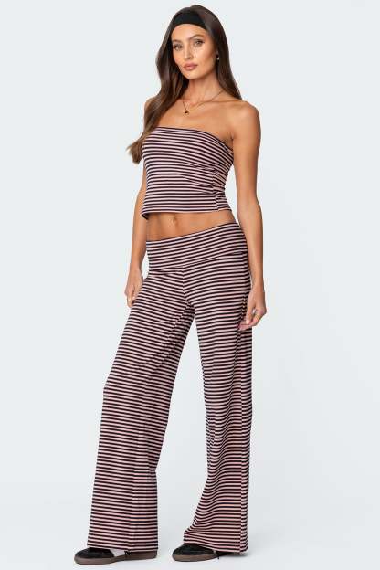 Lilah Striped Fold Over Pants - NAVY AND PINK