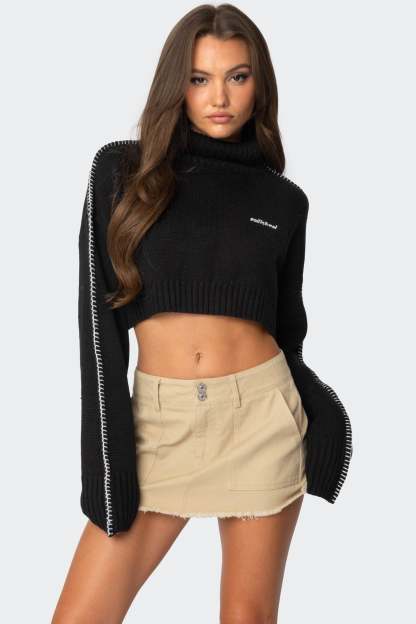 Embroidered Edge Cropped Turtle Neck Sweater - BLACK