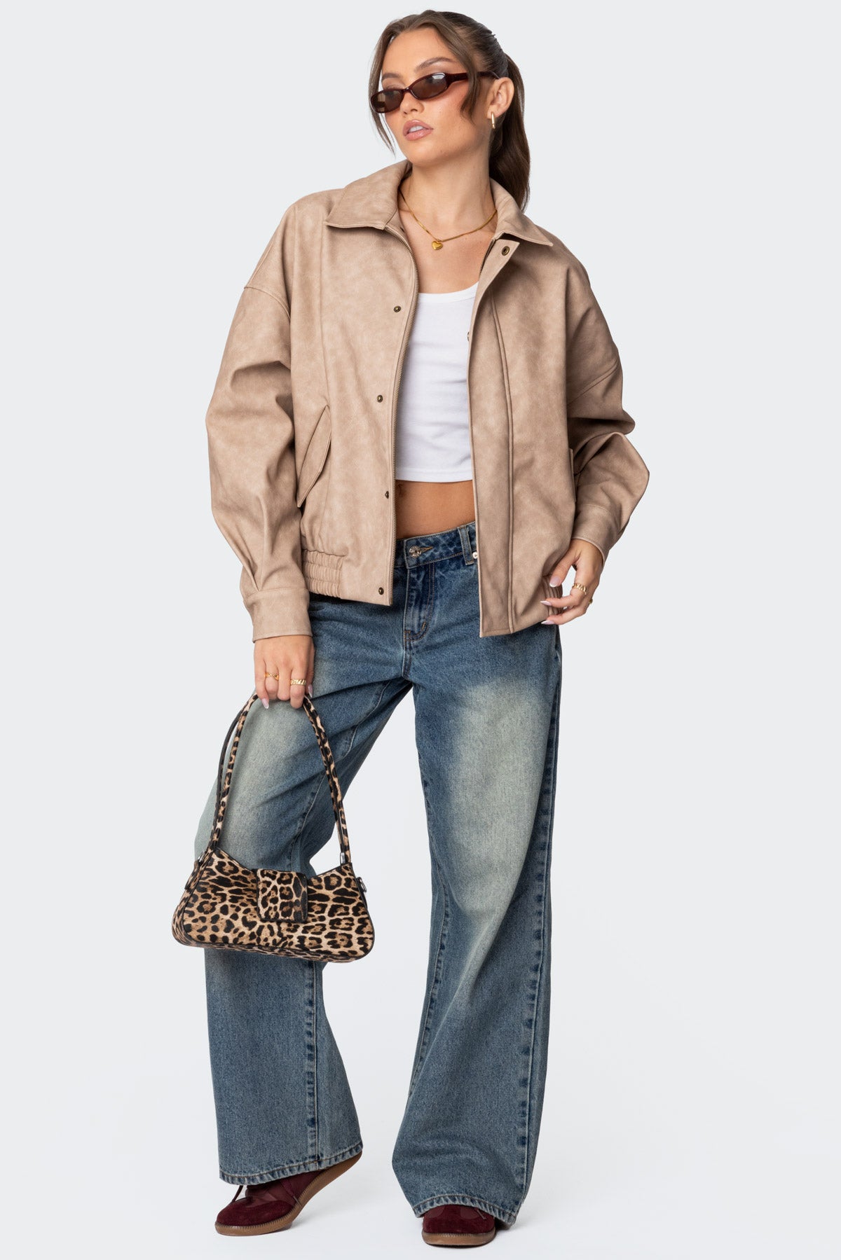 Mori Oversized Faux Leather Jacket - BEIGE