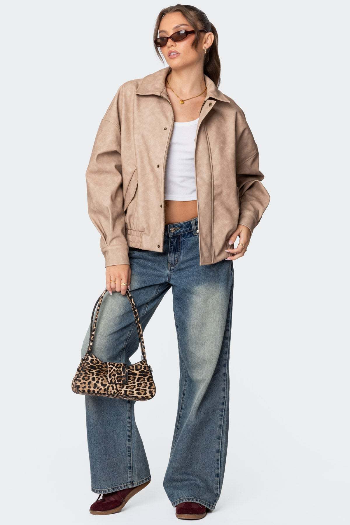 Mori Oversized Faux Leather Jacket - BEIGE