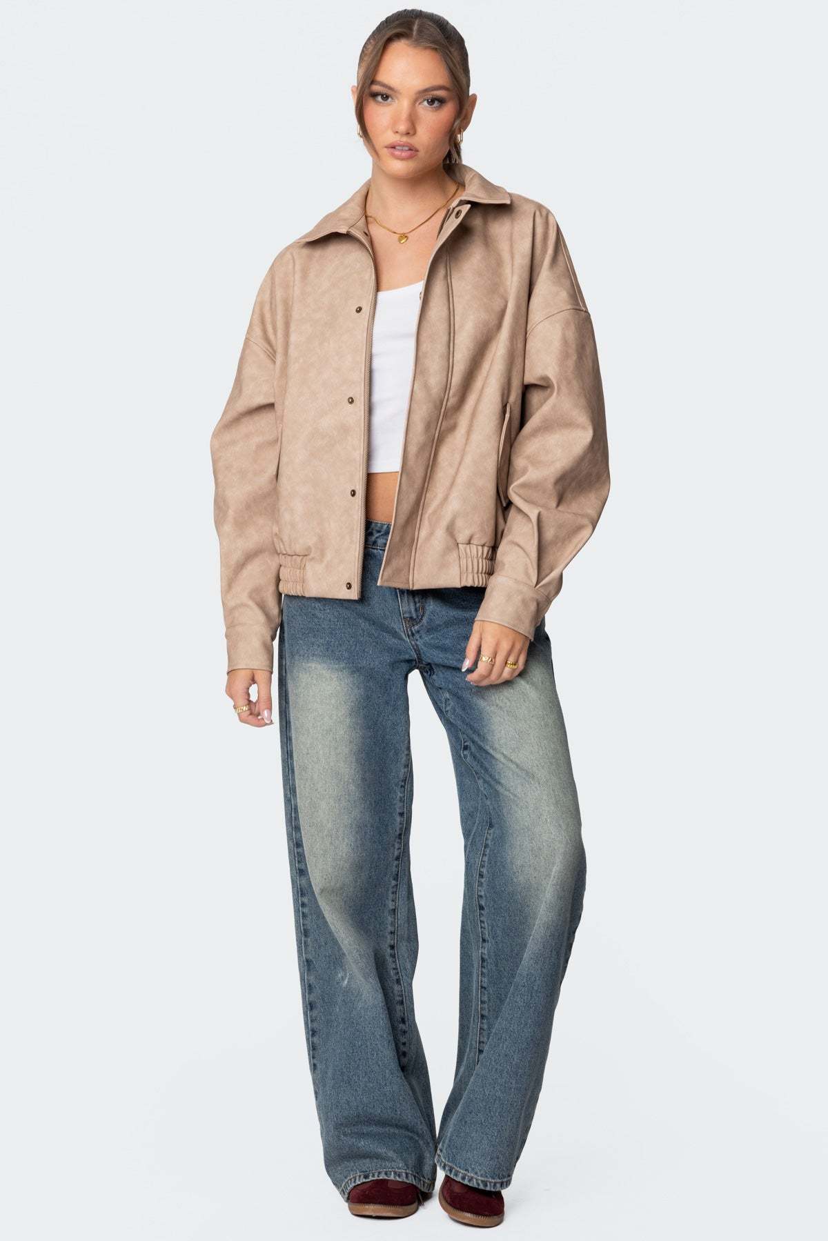 Mori Oversized Faux Leather Jacket - BEIGE