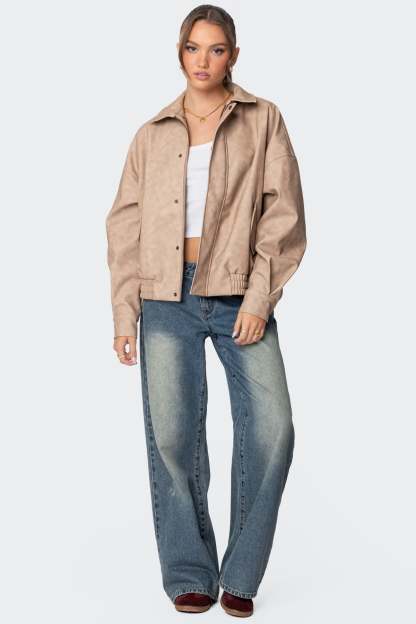 Mori Oversized Faux Leather Jacket - BEIGE