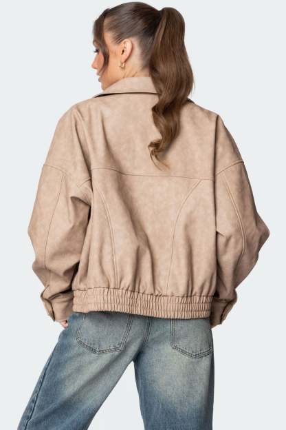 Mori Oversized Faux Leather Jacket - BEIGE
