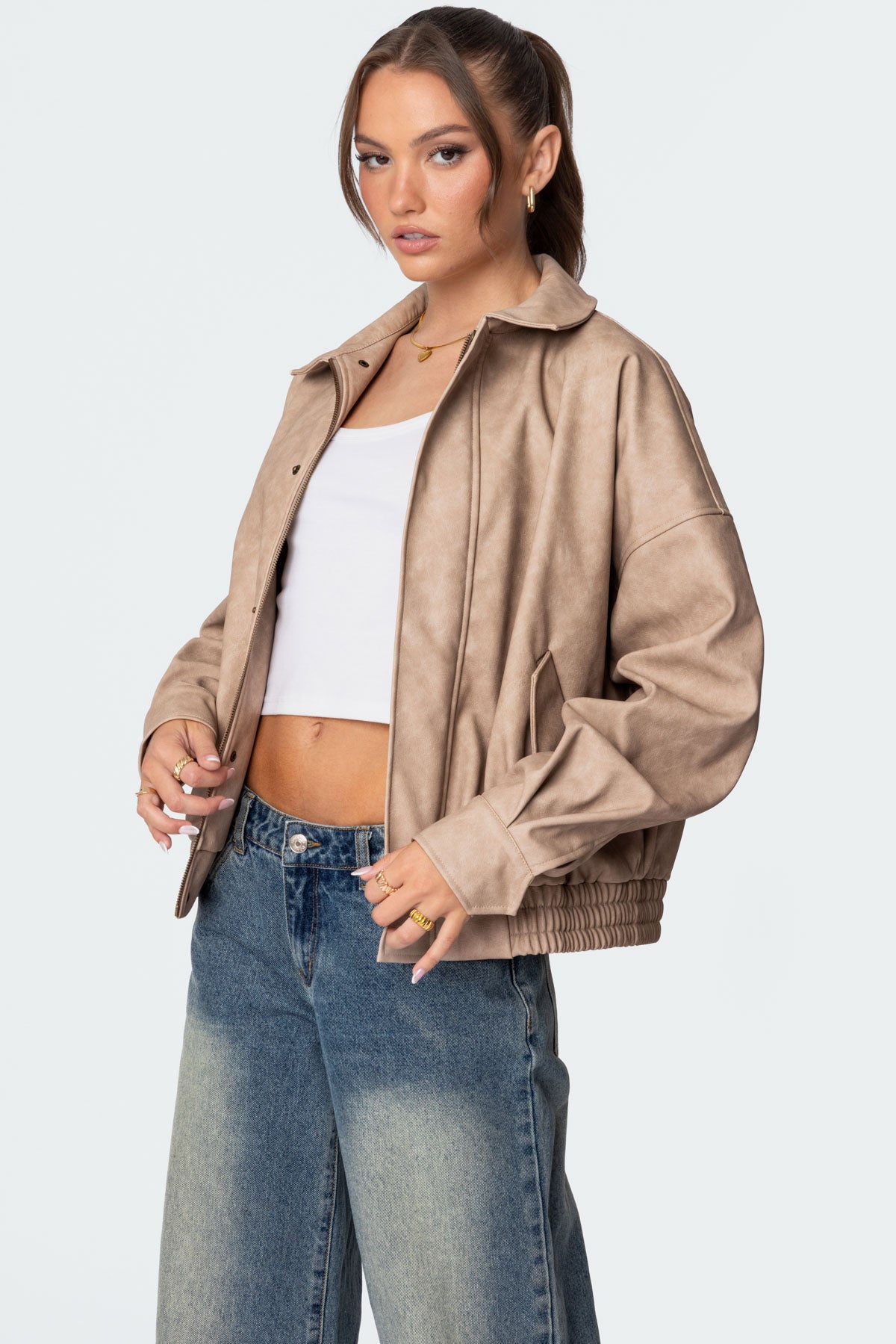 Mori Oversized Faux Leather Jacket - BEIGE