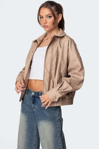 Mori Oversized Faux Leather Jacket - BEIGE