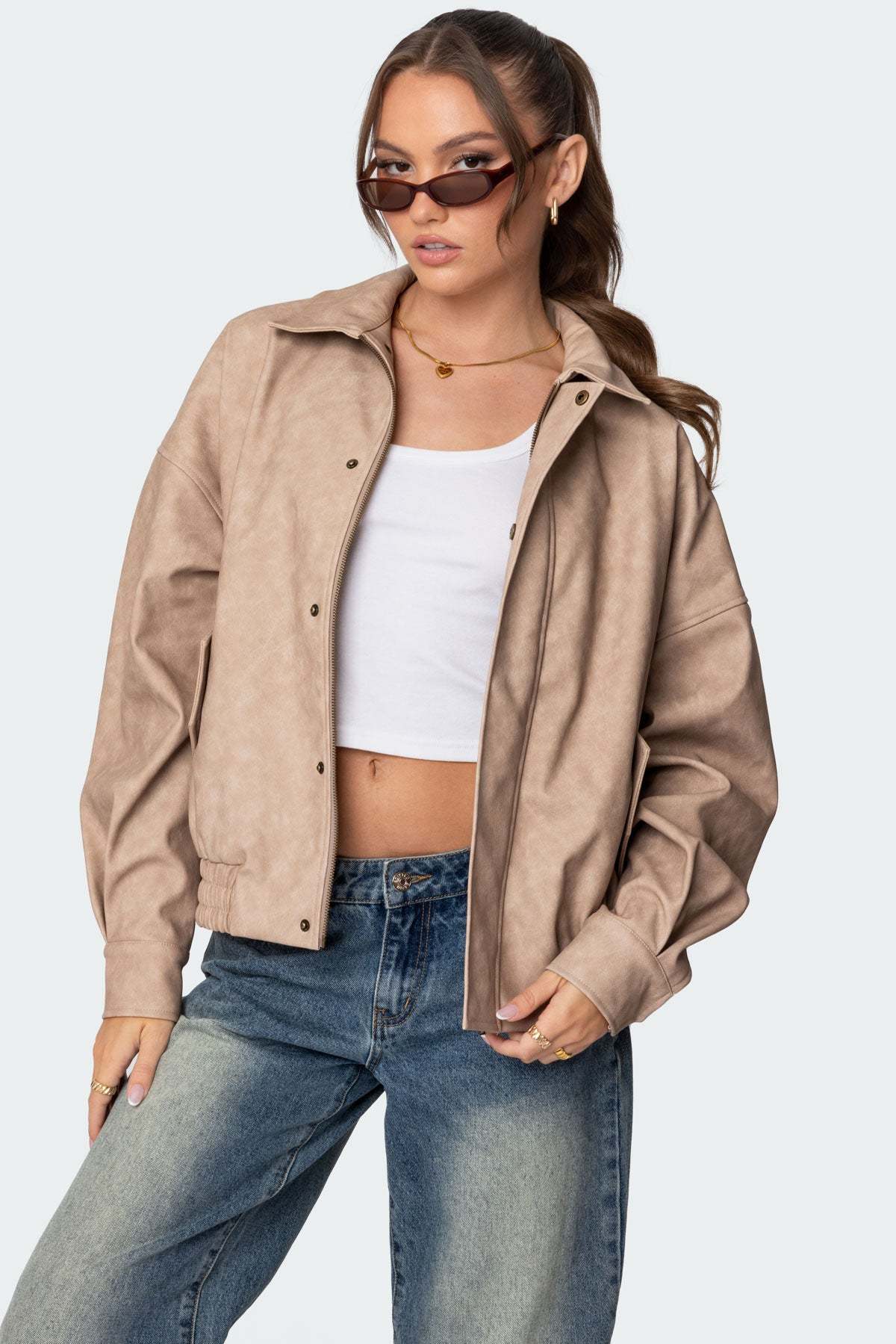 Mori Oversized Faux Leather Jacket - BEIGE
