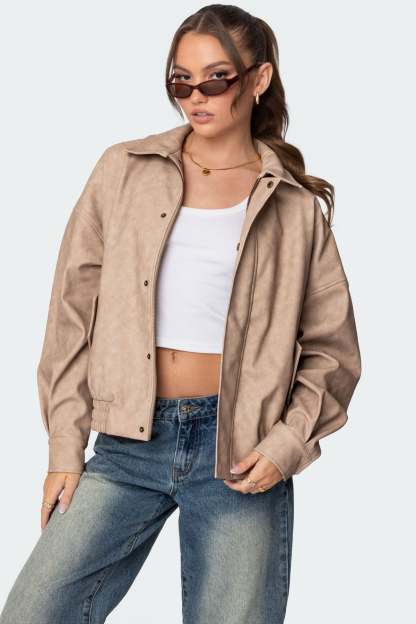 Mori Oversized Faux Leather Jacket - BEIGE