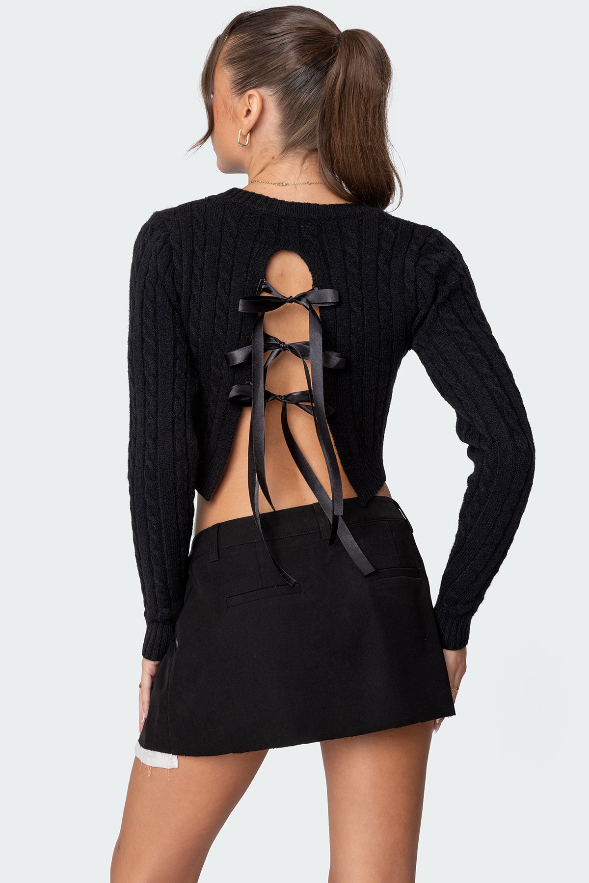 Bow Back Cropped Cable Knit Sweater - BLACK