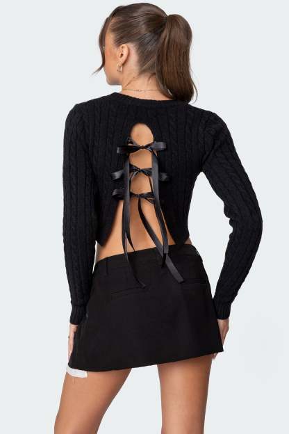 Bow Back Cropped Cable Knit Sweater - BLACK
