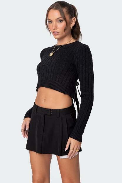 Bow Back Cropped Cable Knit Sweater - BLACK