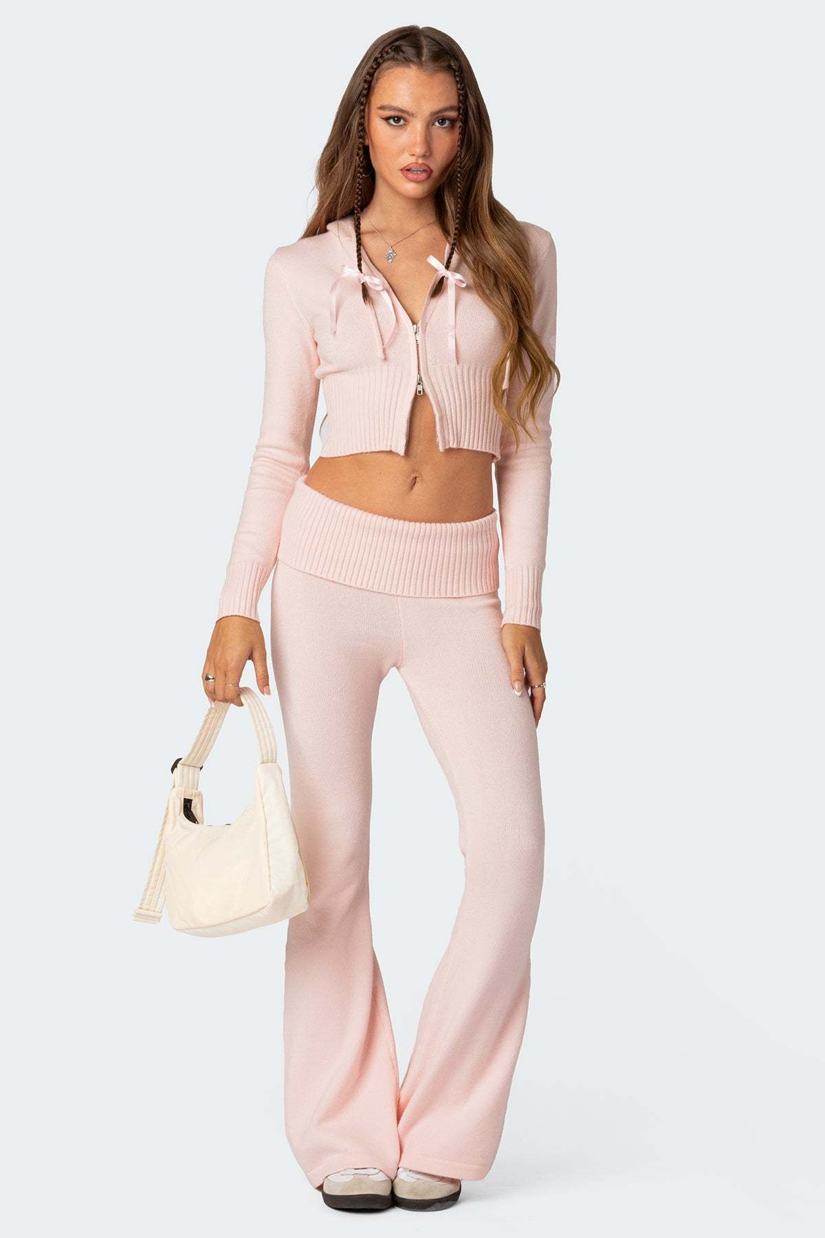 Desiree Knitted Low Rise Fold Over Pants - LIGHT PINK