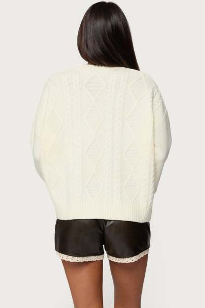 Braided Cable Knit Oversized Sweater - CREAM