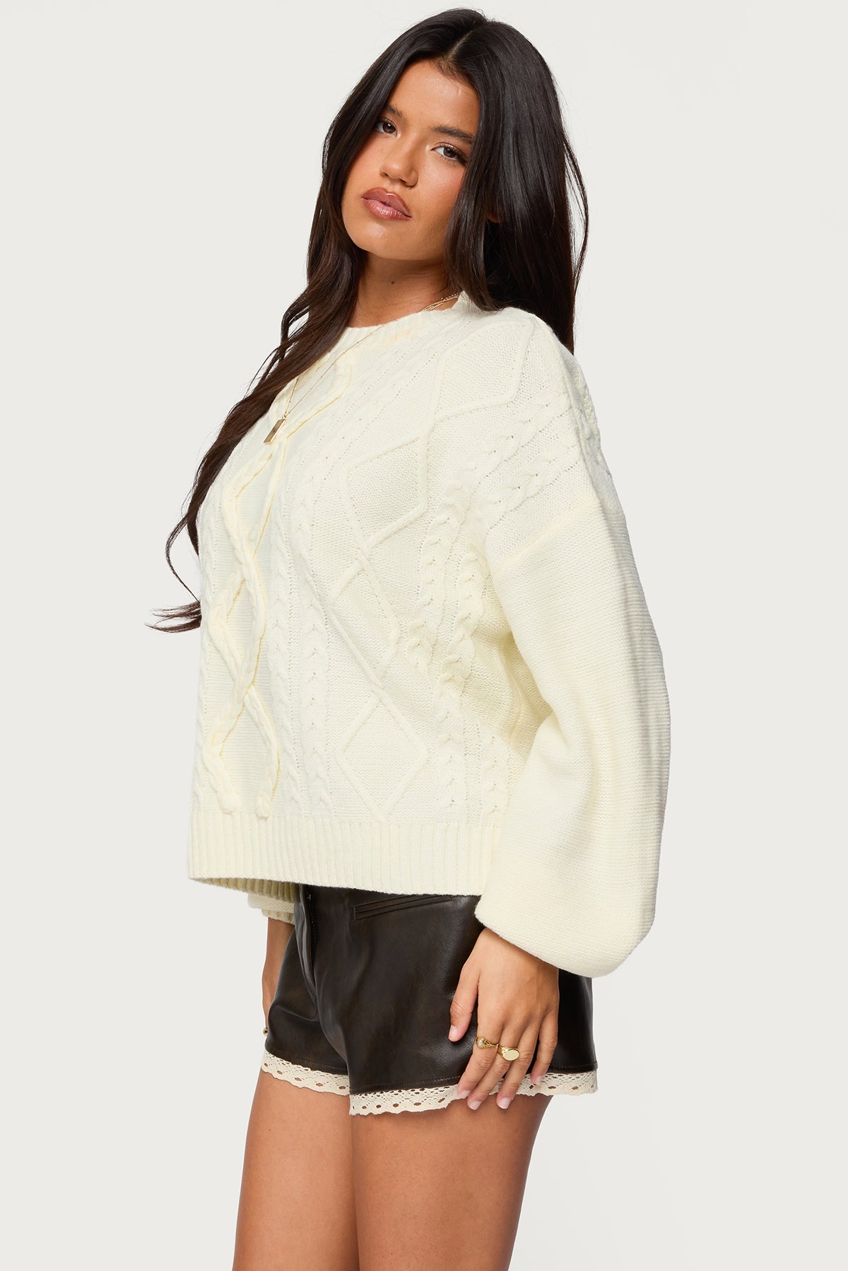 Braided Cable Knit Oversized Sweater - CREAM