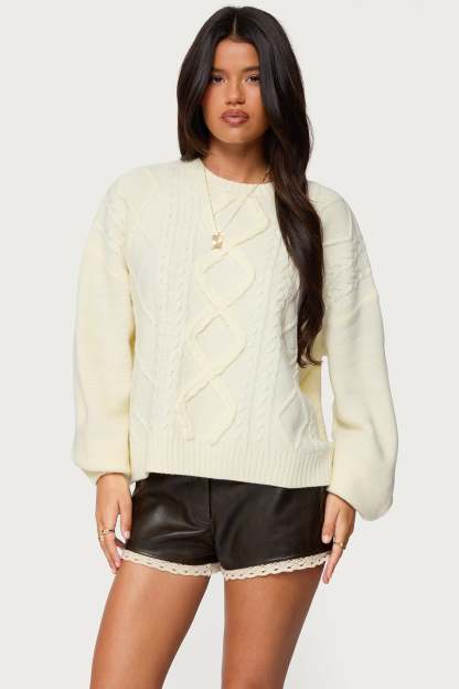 Braided Cable Knit Oversized Sweater - CREAM