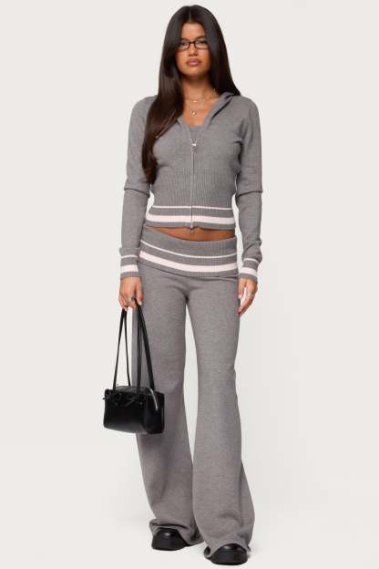 Kaliya Stripey Foldover Knit Pants - GRAY-MELANGE