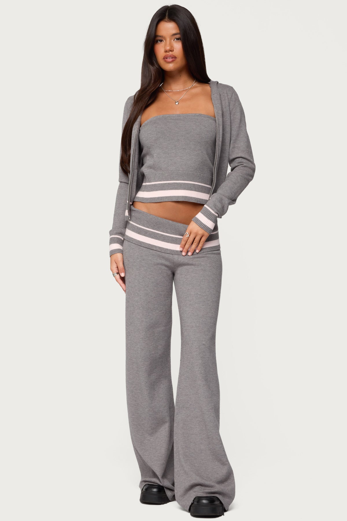 Kaliya Stripey Foldover Knit Pants - GRAY-MELANGE