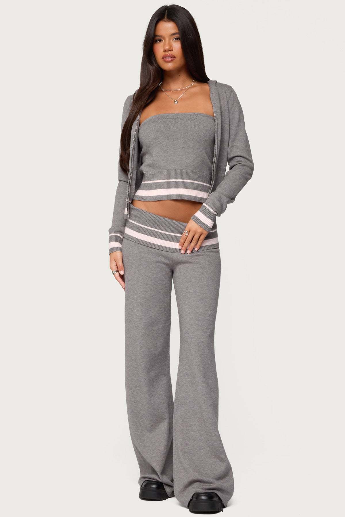 Kaliya Stripey Foldover Knit Pants - GRAY-MELANGE