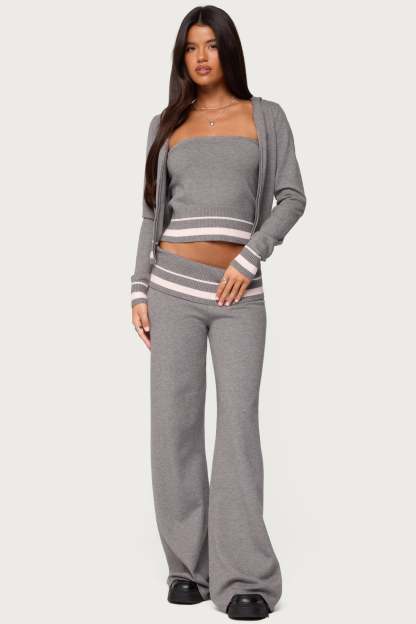 Kaliya Stripey Foldover Knit Pants - GRAY-MELANGE