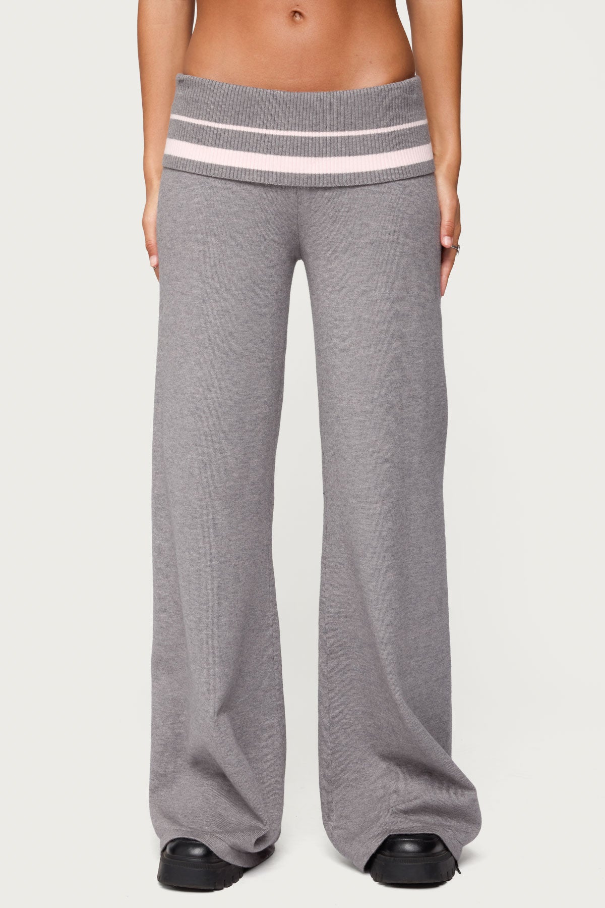 Kaliya Stripey Foldover Knit Pants - GRAY-MELANGE