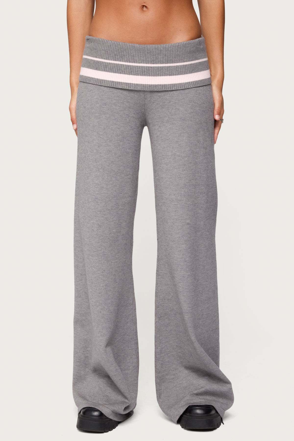 Kaliya Stripey Foldover Knit Pants - GRAY-MELANGE