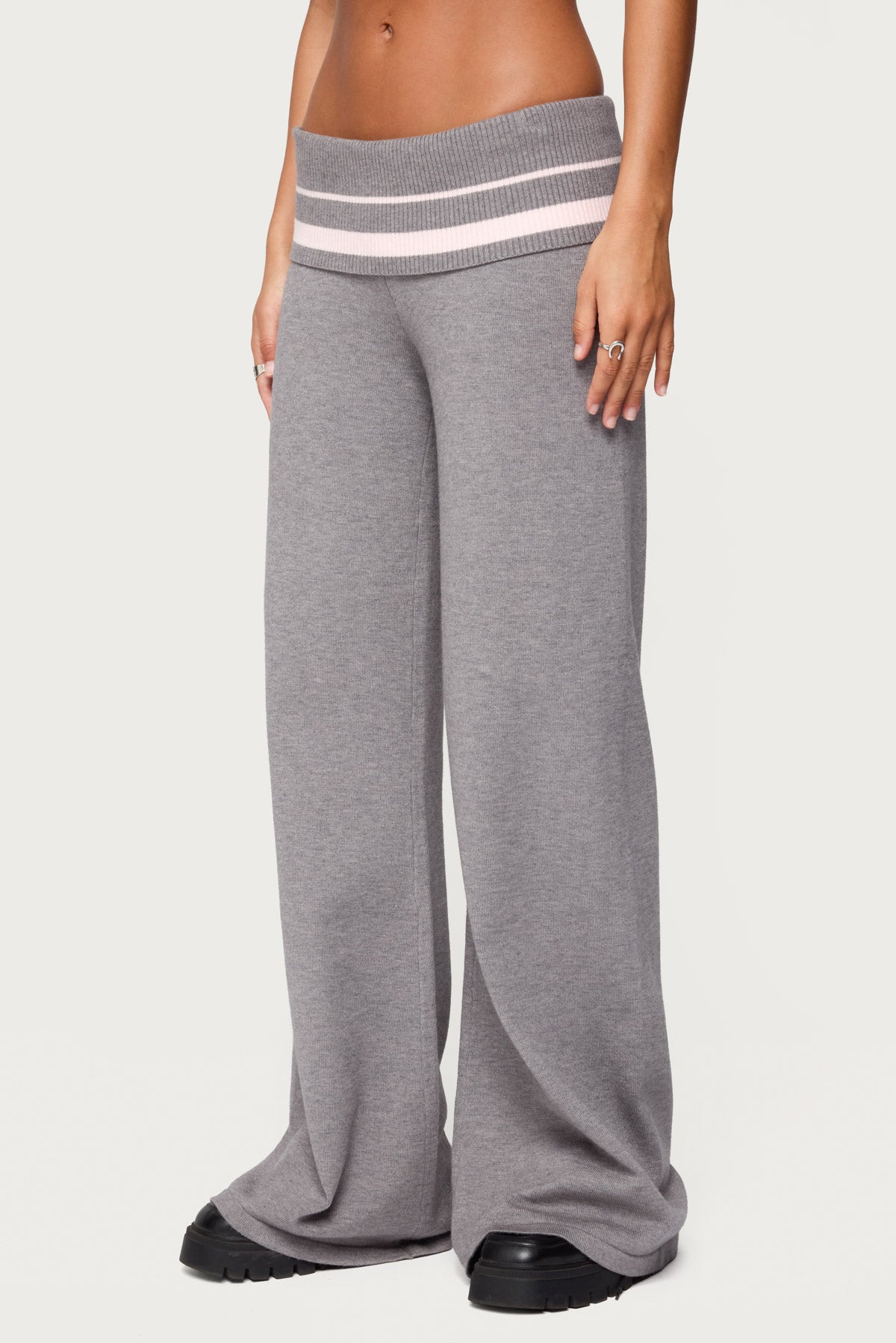 Kaliya Stripey Foldover Knit Pants - GRAY-MELANGE