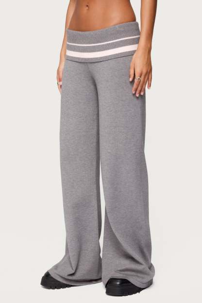 Kaliya Stripey Foldover Knit Pants - GRAY-MELANGE